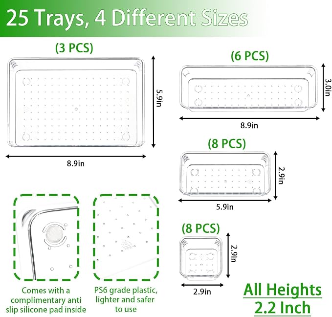 Yieach 25 Pc Clear Plastic Drawer Organizer Set,4 Sizes In Drawer Organizer Trays for Bathroom,Office,Kitchen Cabinet and Vanity Organizers,Desk Drawers Organizer Bin for Jewelry,Cosmetic,Utensil,Junk