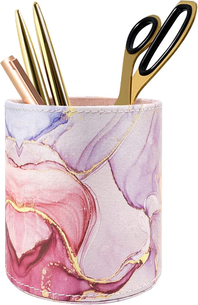 Pen Holder for Women Girls, Pencil Cup Pink Desk Decor, Makeup Brush Holder Large Pu Leather Multi-Functional Organizer Cup for Office, Classroom, Home, Colorful Marble