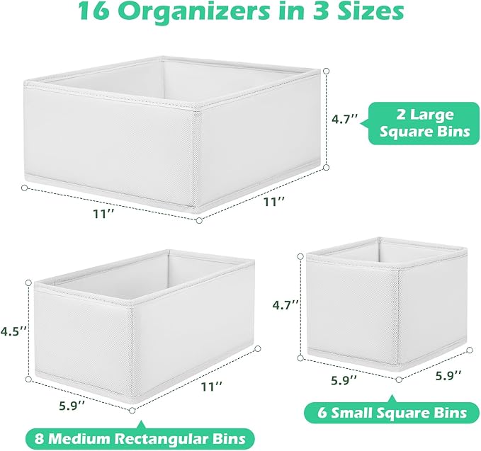 Drawer Clothing Organizer 16-Pack, White 3 Sizes Underwear Drawer Dividers, Fabric Folding Wardrobe Organizer, Can Store Baby Clothes, Bras, Underwear, Panties, Belts, Socks, Ties
