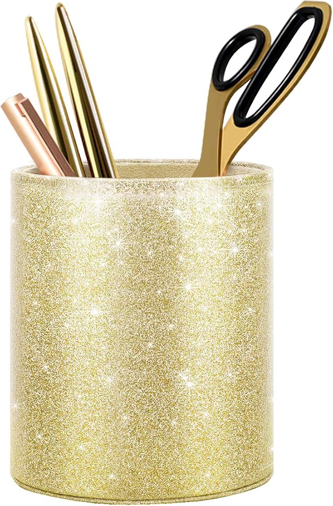 Gold Pencil Holder, Decorative Pens Holder for Desk, Makeup Brushes Organizer for Table, Large Pu Leather Multi-Functional Organizer Cup for Office, Classroom, Home, Champagne Gold