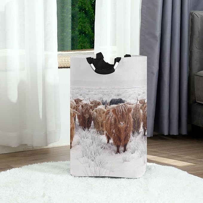 Winter Scottish Highland Cow Large Laundry Hamper Basket, Collapsible Laundry Bag Storage Bins Baskets with Handles for Laundry, Bedroom, Home Decor