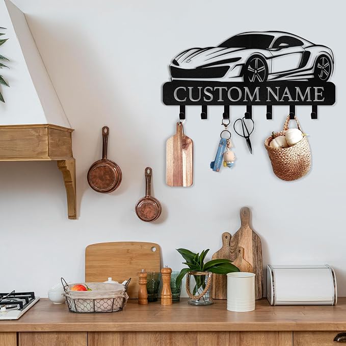 Dyoart Personalized Key Holder Wall Mount - Custom Key Rack Wall Mount with Hooks, Metal Key Rack Organizer, Car Design Key Hanger, Coat Rack, Wall Mounted Decor for Entryway, Front Door, Office