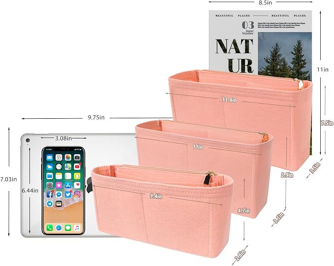 Surblue Purse Organizer Insert for Handbags, Felt Bag Organizer with Zippers Handbag Shaper Pouch for Classic 19 Flap Bag, Marmont, Onthego,（Lightpink, Slender S）