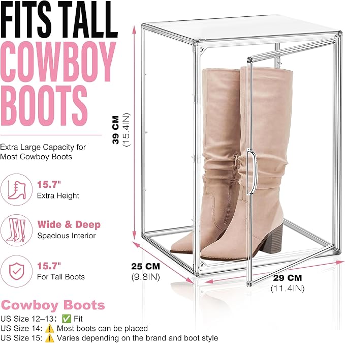 Clear Tall Boot Storage Box, Organizer for Ankle Boots and Booties | Fits Men/Women Shoes Size 15.Designed for ankle boots,short fashion boots.Clear stackable storage with dustproof protection.
