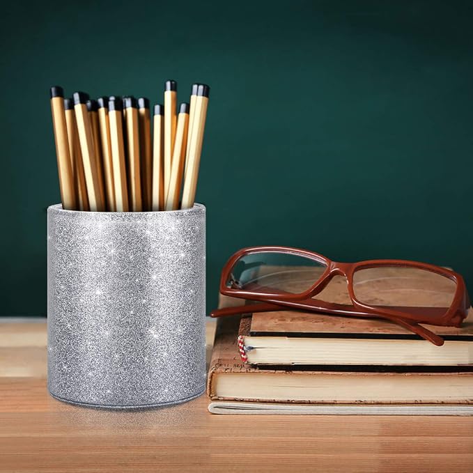 Glitter Pen Holder, Pencil Cup Desk Sparky Bling for Women Girls, Luxury Durable Makeup Brush Holder Large Pu Leather Multi-Functional Organizer Cup for Office, Classroom, Home, Silver