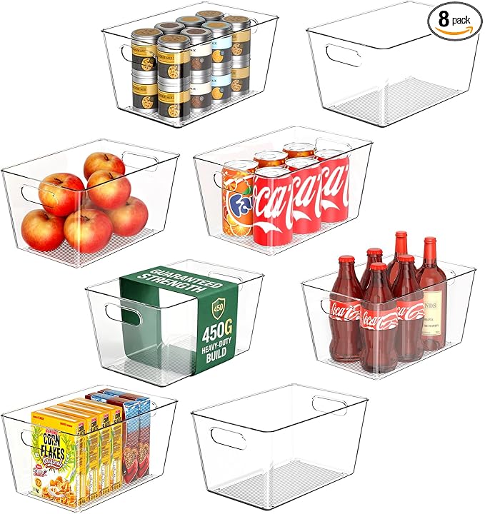 8 Pack Large Clear Plastic Storage Bins, Refrigerator Cabinet Organizers with Handles for Pantry Organization and storage, Perfect for Home Organization, Kitchen, Laundry, Office& Garage
