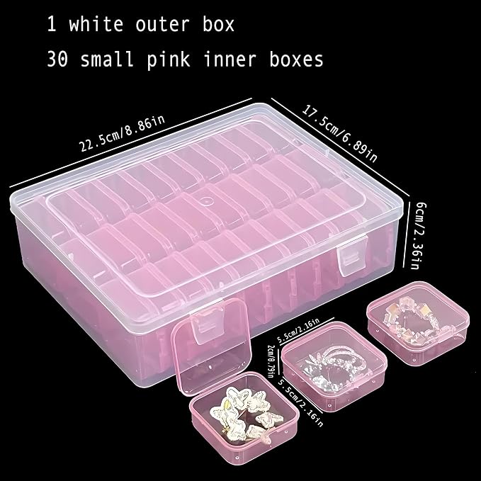 Small Clear Plastic Bead Storage Containers-Pink Plastic Box-30Pcs Craft Storage Box with Hinged Lid, 1sheet Labels, Mini Boxs for Jewelry Making, Diamond Art, Crafts, Small Parts