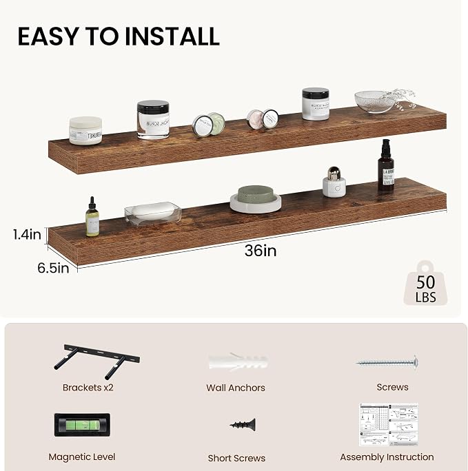 Vivelove 36 Inch Floating Shelves Wall Mounted for Display, 6.5 Deep Duty Shelves with Invisible Brackets for Living Room,Bedroom,Kitchen, Bathroom Storage & Decor,36" Wx6.5 Dx1.4 H - Rustic Brown