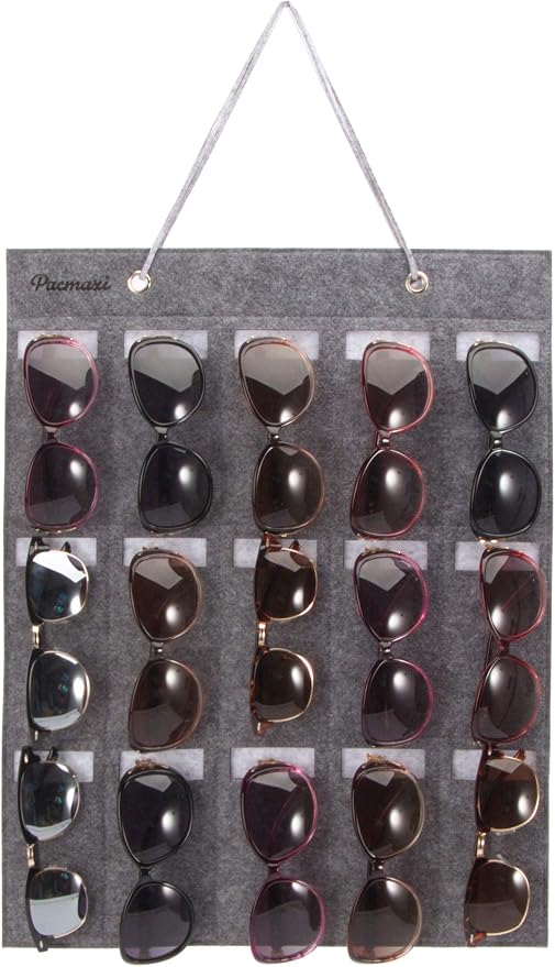 PACMAXI Sunglasses Storage Organizer, Wall Pocket Mounted by Sunglasses, Hanging Eyeglasses Storage Holder, Eyewear Display. (Grey, 15 Slot)