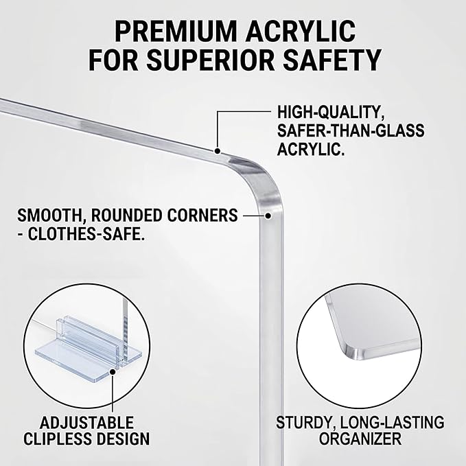 Acrylic Shelf Dividers for Closet Organization: 6 Pack Clear Removable 10/11.8" Tall X 11.8/10" Deep Clipless Separators for All Cabinets, Vertical Adjustable Storage Clothes, Purse, Bag Organizer