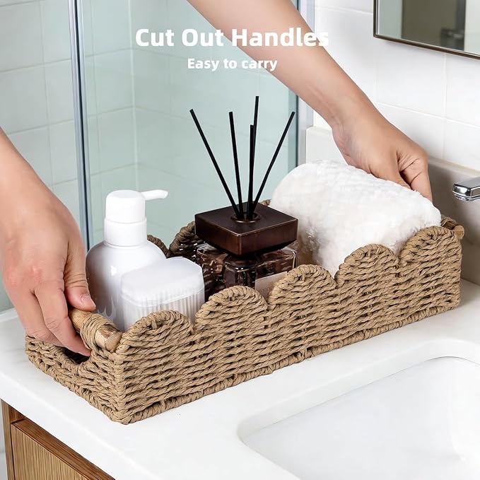 CubesLand Bathroom Basket Organizer w/Cut Out Handle, Back of Toilet Paper Storage Baskets for Bathroom Countertop Decorative, Small Scalloped Wicker Basket Also for Home Decor, Living Room, Neutral