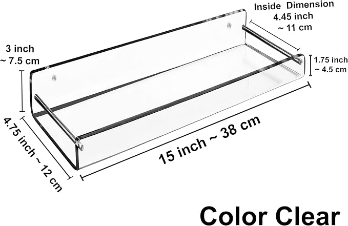 AMT 2 Pack Acrylic Floating Shelves, 15" L x 4.8" W, Clear Bathroom Wall Shelf, Bookshelves, Invisible Display for Office, Bedroom, Small Gap Allows Water to Escape, Free Screws & Drill Bit (Medium)
