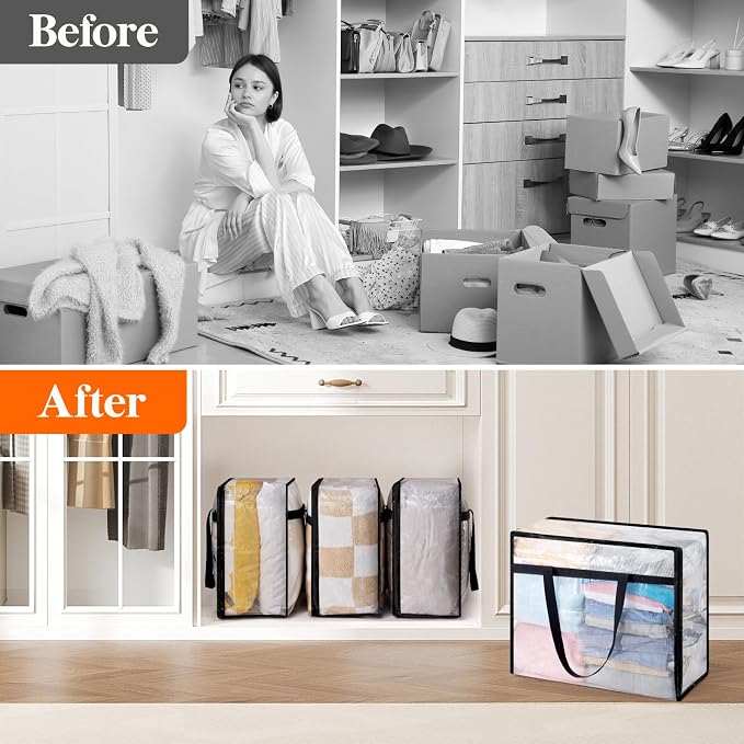 Lifewit 4 Pack Clear Blanket Storage Bags, Foldable Plastic Clothes Organizer with Zipper, Closet Organization Containers and Moving Bag for Comforter, Bedding, Duvet, 40L