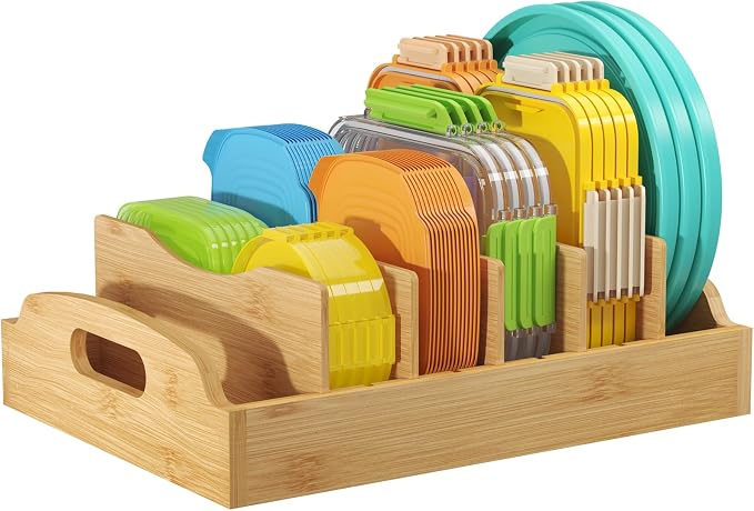 Lifewit Bamboo Lid Organizers for Inside Cabinet, Food Storage Container Lid Holder with 5 adjustable Inserts & 6 Sections, Kitchen Pantry organizer and storage, Large, 13.2" x 10"/34 x 25cm