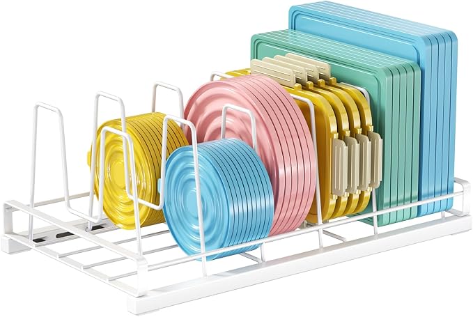 Food Container Lid Organizer for Cabinet with 6 Adjustable Divider | Detachable,Metal Pot Lid Organizer Rack Storage Plastic Lids Pots Bakeware for Cabinets, Cupboards,Pantry, Drawers (White)