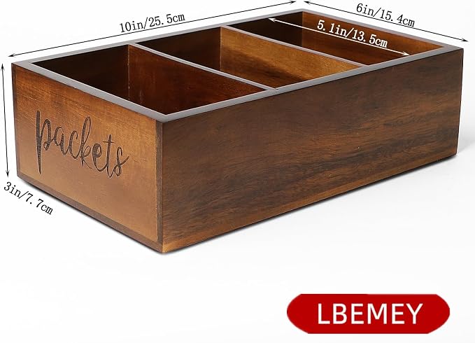 LBEMEY Packet Organizer, Acacia Wood Packet Storage Organizer with 3 Compartments,Farmhouse Kitchen Organization for Spice, Gravy, Taco, and Dressings Packets for Kitchen, Brown Labeled Packets