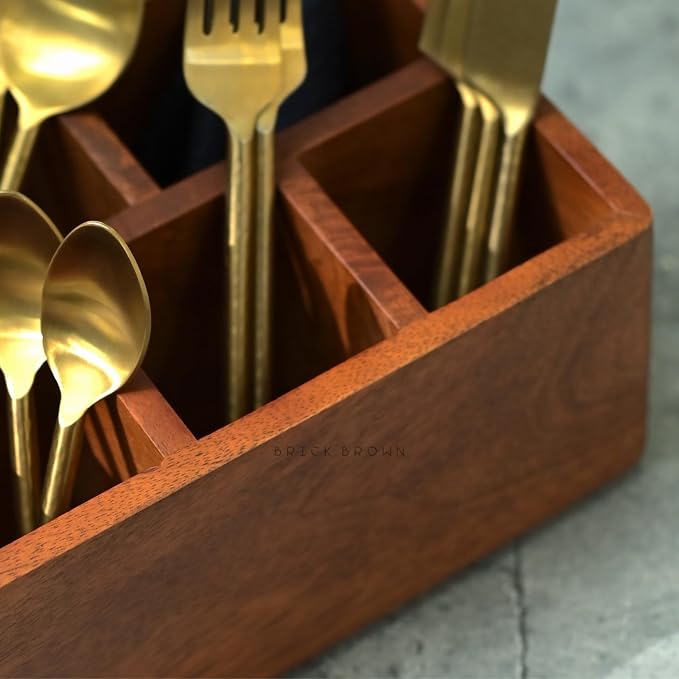 Brick Brown Premium Handcrafted Wooden Spoon stand for kitchen | cutlery holder for dining table | wooden caddy storage organiser stand with 5 section Mahogany Finish(8.75x6x4.5 inch)