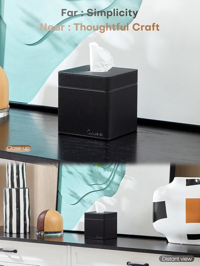 Square Tissue Box Cover Holder with Patented Texture for Kleenex/Puffs Cubes | Desktop & Shelf Decor | Stardust Black/Polar Ice/Liquid Iridium | Patented Metal-Look PU Leather-Stardust Black