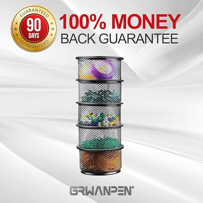 grwanpen®5-Pack Stackable Mesh Desk Organizer Bins - Durable Storage Containers for Paper Clips, Rubber Bands, and Office Supplies, Black