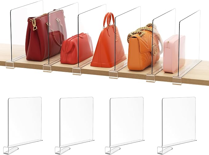 HBlife 12 Inches Tall [Extra Tall Version] Clear Shelf Dividers, 4 Pack Purse Organizer for Closet Perfect for Sweater, Shirts, Handbags, Acrylic Adjustable Bookshelf for Organization