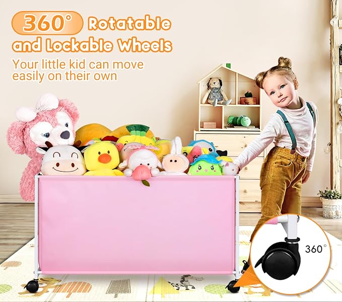 MISSLO Large Kids Toy Box for Girls with Wheels Toy Chest for Toddlers Toy Storage Organizer Big Toy Bin, 124L, Pink