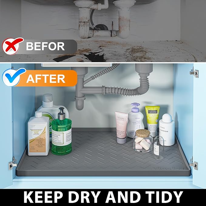 Tigejoy Under Sink Mat 22"" x 19""- Waterproof Silicone Shelf Protector for Kitchen and Bathroom Cabinets, Under Sink Drip Tray Organizer, Mat for Kitchen Cabinet Organizers and Storage, Light Gray