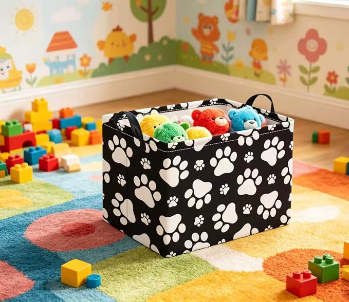 Rectangular Baby Kids Storage Basket for Home Kitchen Girls Cute Toy Storage Bin Organizer Shelf Book Room Decor(Black Paw)