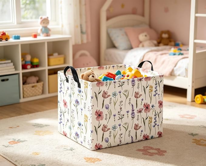 Rectangular Baby Kids Storage Basket for Home Kitchen Girls Cute Toy Storage Bin Organizer Shelf Book Room Decor(Flower)