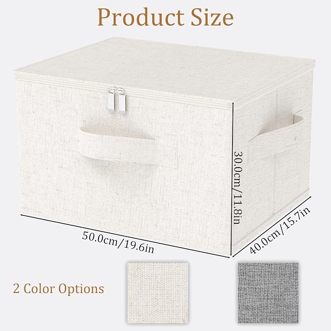 Fabric Underbed Storage Bins with Lid, Foldable Cube Organizer, Home Wardrobe Containers Box for Organizing Clothes, Shoes, Blankets, Pillows, 19.6x15.7x11.8Inches, Beige, 2 Pack