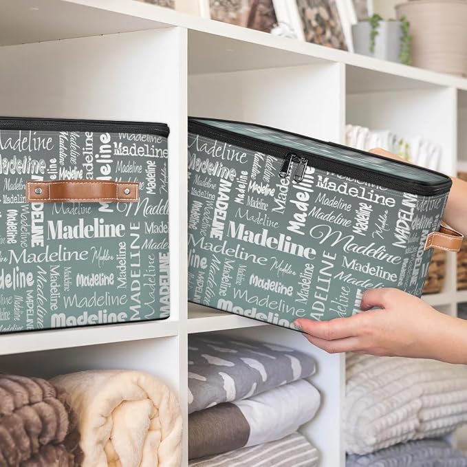 Custom Storage Basket with Name, Personalized Keepsake Box with Zipper Lid, Foldable Fabric Memory Bin Large capacity with Handle Gradient Grey Green