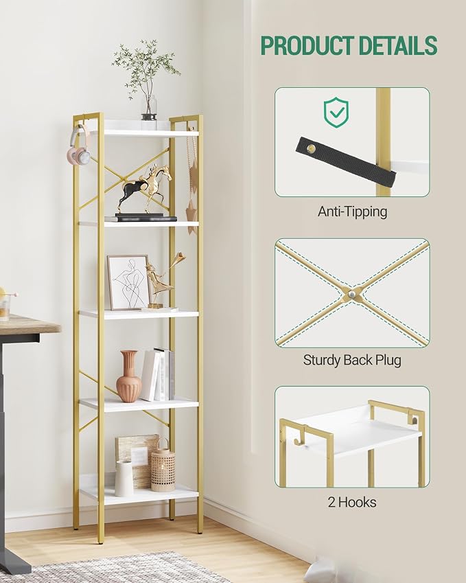 Hzuaneri Bookshelf, Book Shelf, Industrial Bookcase with 2 Hooks, Coner Shelf Storage Organizer for Home Office, Living Room, Bedroom, Kitchen, 5-Tier White Gold BC10513G