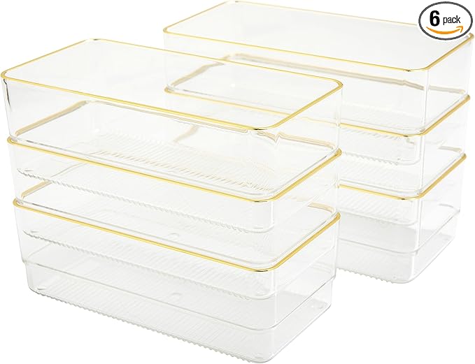 Martha Stewart Kerry Plastic Stackable Office Desk Drawer Organizers, 6" x 3", 6 Pack, with Gold Trim