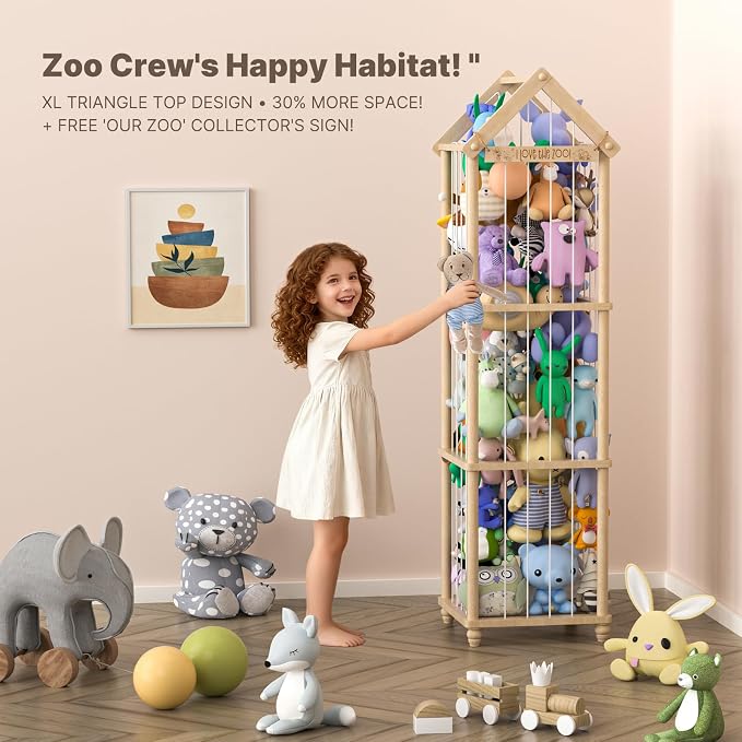 Stuffed Animal Storage Zoo, 65" Extra Large Wooden Plush Toy Organizer, Solid Pine Toy Holder with 3D Sign & Sturdy Base, Vertical Corner Stuffed Animal Cage for Nursery Playroom