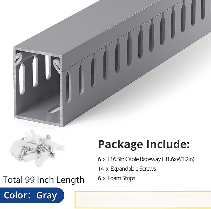 ZhiYo H1.6in W1.2in Professional Server Rack Cable Management Raceway, 99in (6X L16.5in) Cable Raceway Kit, Electrically Safe PVC Open Slot Wire Raceway for Under Desk/Computer/Network Cords, Grey
