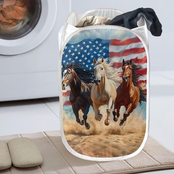 AFPANQZ Mesh Popup Laundry Hampers Foldable Portable Dirty Clothes Basket Organizer American Flag Horse Collapsible Hamper for Bedroom, Kids Room, College Dorm and Travel Tan Brown 61L