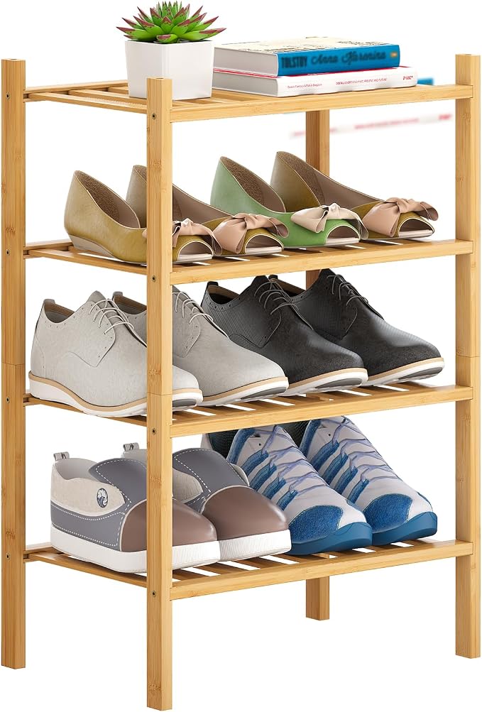 Bamboo Shoe Rack Stackable Shoe Shelf Storage Organizer for Unit Entryway Hallway and Closet Sturdy Freestanding Small Shoe Shelf(4S Tier Natural)