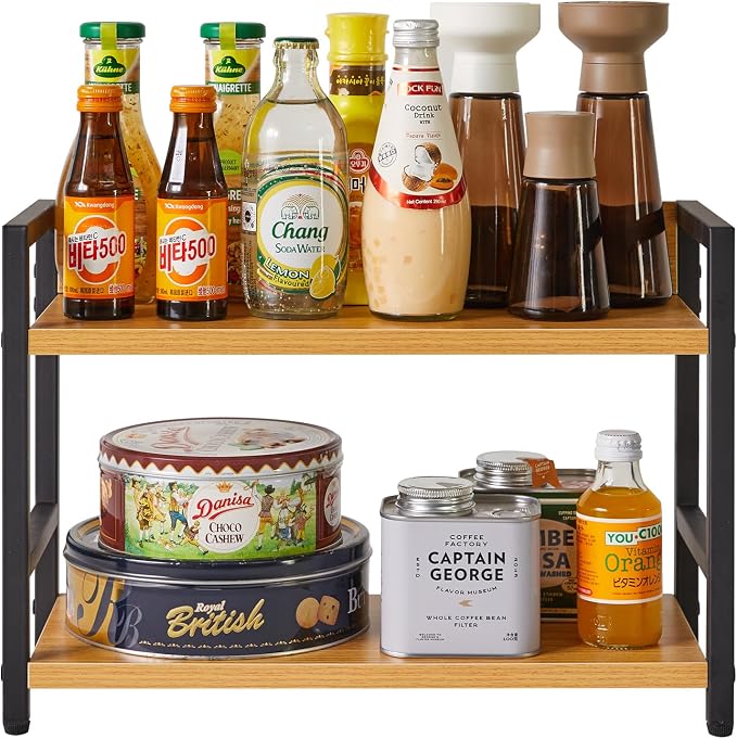 IBUYKE 2-Tier Spice Rack Industrial Counter Shelf Desktop Storage Organizer Standing Seasoning Rack for Countertop Kitchen Office Living Room Desktop Nature,UTLJ002N