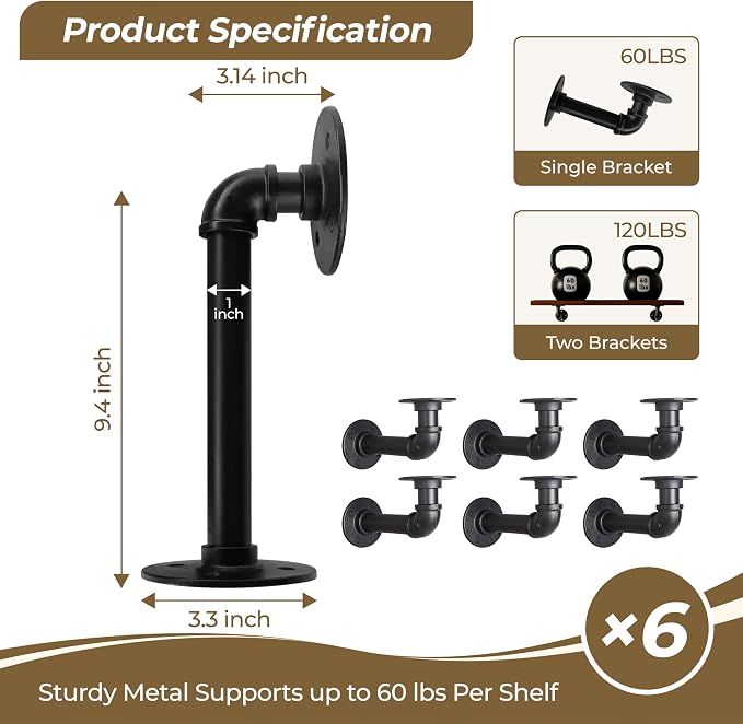 Industrial L Pipe Shelf Brackets for 10-20 in Depth Wood Heavy-Duty 3/4" Iron,Wall Mount Floating Shelf Bracket L Metal Pipe Shelving Brackets for Wood-Black DIY Pipe Shelves(9.4*3.1 Inch 6 Pack)