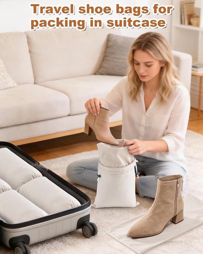 6 Pcs Single Shoe Bags for Travel, Dust Velvet Bags, Beige, 17.3x8.6 Inch | Washable & Reusable Travel Shoe Bags, Dustproof Shoe Bags with Drawstring Closure, Suitable for Travel, Home Storage
