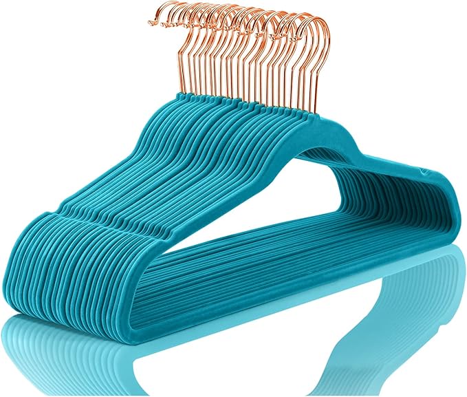 MIZGI Premium Velvet Hangers (50 Pack) Heavy Duty - Non Slip Felt Suit Hangers Teal/Turquoise - Rose Gold Hooks, Space Saving Clothes Hangers