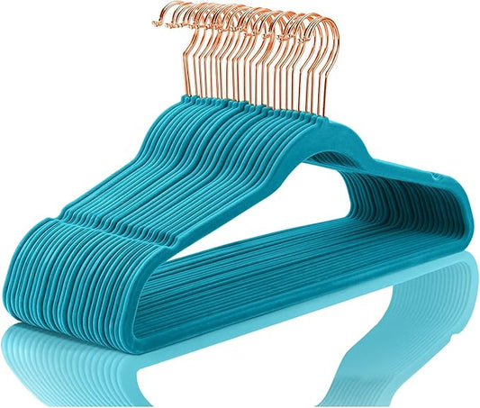 MIZGI Premium Velvet Hangers (50 Pack) Heavy Duty - Non Slip Felt Suit Hangers Teal/Turquoise - Rose Gold Hooks, Space Saving Clothes Hangers