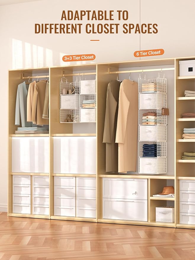 Closet Hanging Organizer with Drawers, 6 Tier Metal Closet Organizers and Storage with 4 Hanging Hooks 4 S-Hooks for Wardrobe Laundry Room, Wire Storage Shelf for Clothes Sweaters Pants (White)