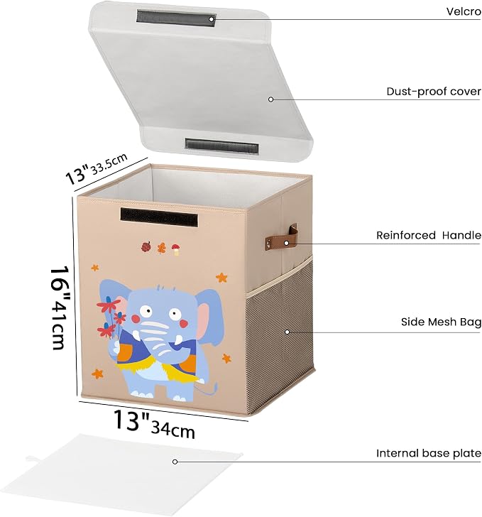40L Large Toy Storage Box with Lid, Large Toy Box Chest for Kids, Girls and Boys, Nursery Room and Living Room, 13"x13" x16" (Dark Khaki-animal)