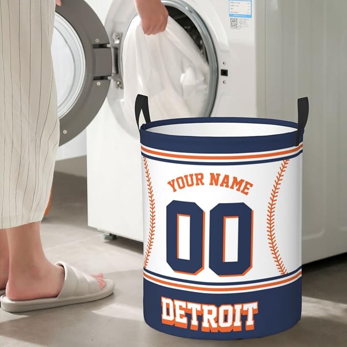 Custom Detroit Laundry Hamper Personalized Laundry Basket Customized Name And Number Collapsible Storage Basket for Bedroom Bathroom Living Room Baseball Fan Gifts