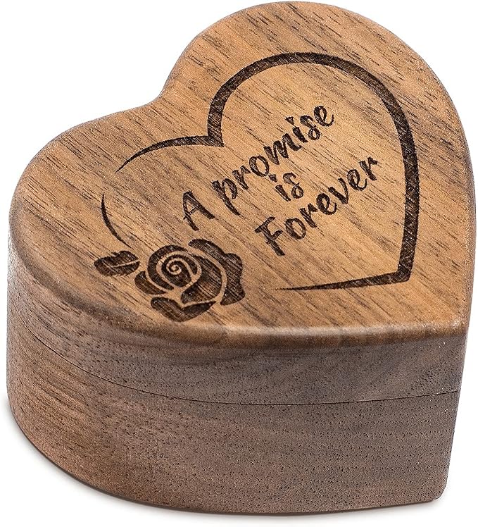 Engagement Proposal Ring Box Secret Slim Engraved Wooden Heart Case | Engrave"A Promise is Forever", Walnut Wood Ring Bearer Box Jewelry Storage Holder Display for Wedding Ceremony Commemoration