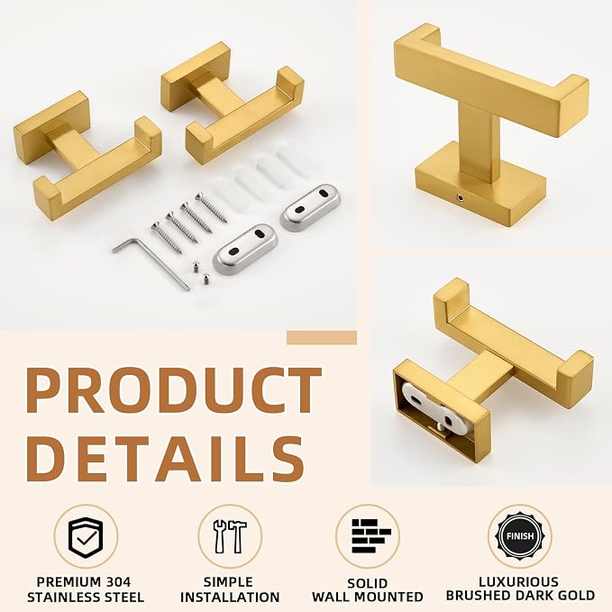APLusee Double Bath Towel Hook 2 Pack, Solid Stainless Steel Square Dual Coat Holder, Modern Bathroom Kitchen Storage Hanger Wall Mounted, Brushed Dark Gold