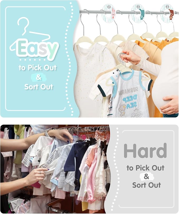 VIS'V Velvet Baby Hangers with 6 Pcs Size Dividers, 11 Inch, Beige, 30 Pcs | Compact Size, Non Slip, Infant Toddler Nursery Closet Organization