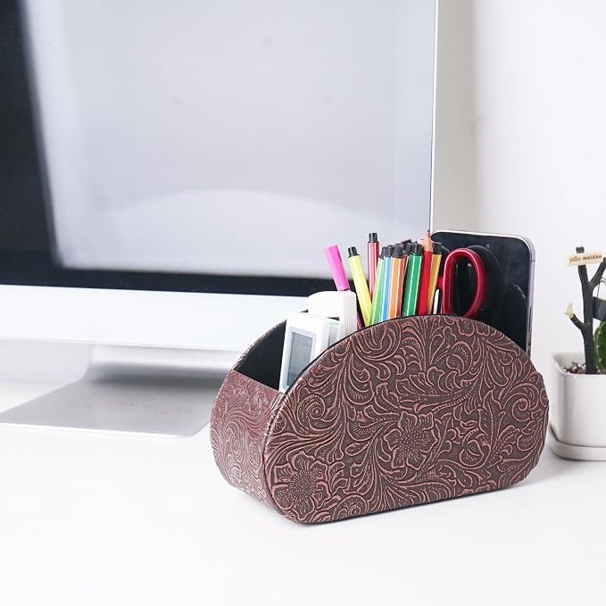Remote Control Holder, PU Leather Remote Caddy Desktop Organizer with 5 Spacious Compartments for TV Remotes/Media Controllers/Office Supplies (1-Carved Copper Red