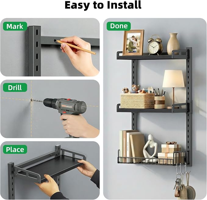 Kalrin 3 Tier Bathroom Shelves Over Toilet - Wall Mounted Floating Shelves with Drain Basket, Toilet Paper Storage, Height Adjustable Over The Toilet Storage, Pure Black