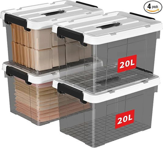 Cetomo Lidded Storage Bin with Handle, Tote Organizing Container with Durable Lid and Secure Latching Buckles, Stackable and Nestable, Plastic, 25 Quart-4 Pack, Clear Black